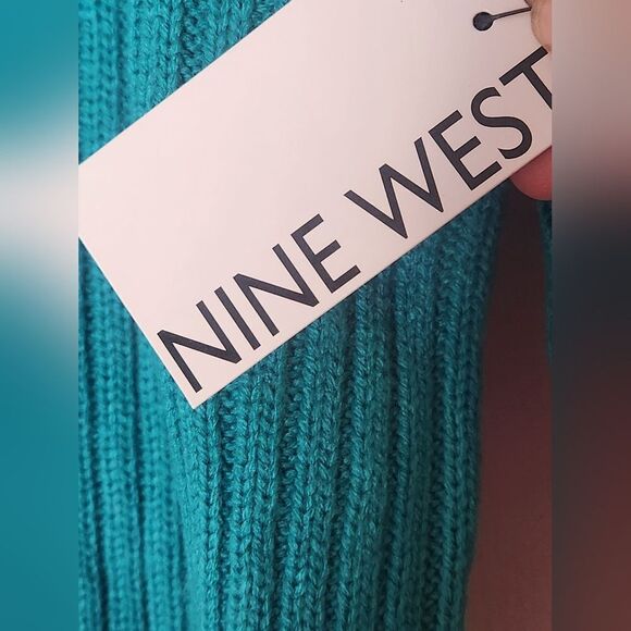 NWT Nine West M TurquoisBlackRibbed LeopardKnit Cropped Turtleneck Women Sweater - Picture 8 of 12